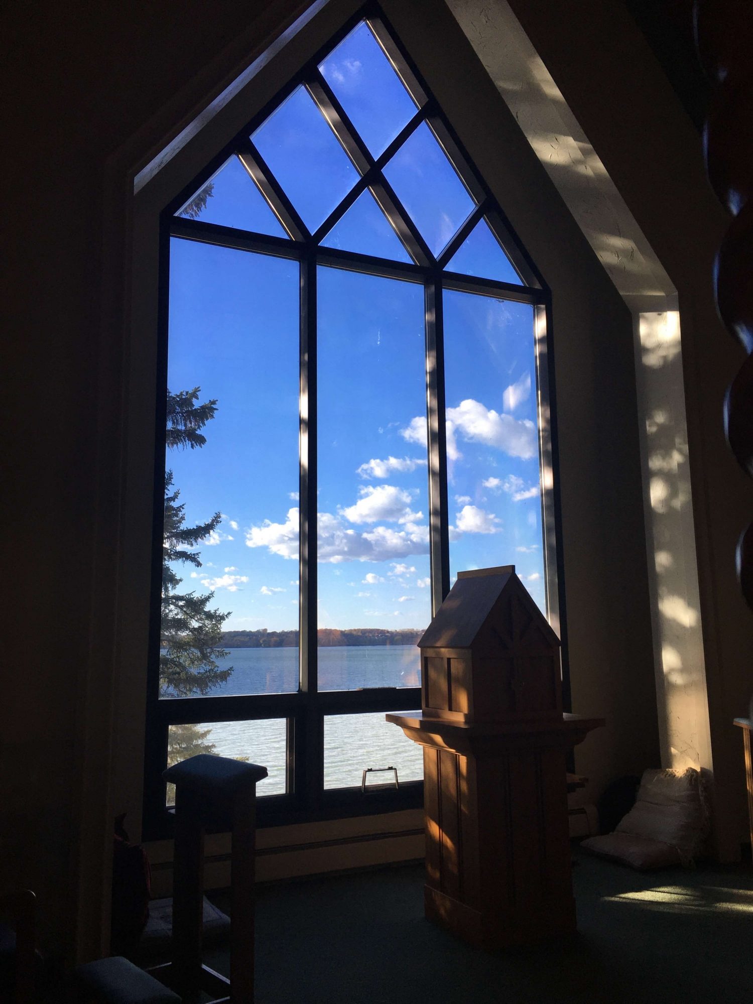 An altar at a window facing scenic Buffalo Lake