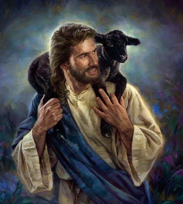A man holding a black lamb on his shoulder.