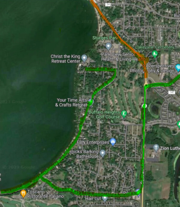 A map of Buffalo Lake with a green road line
