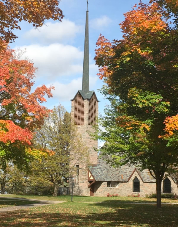 A steeple behind trees with Autumn colors